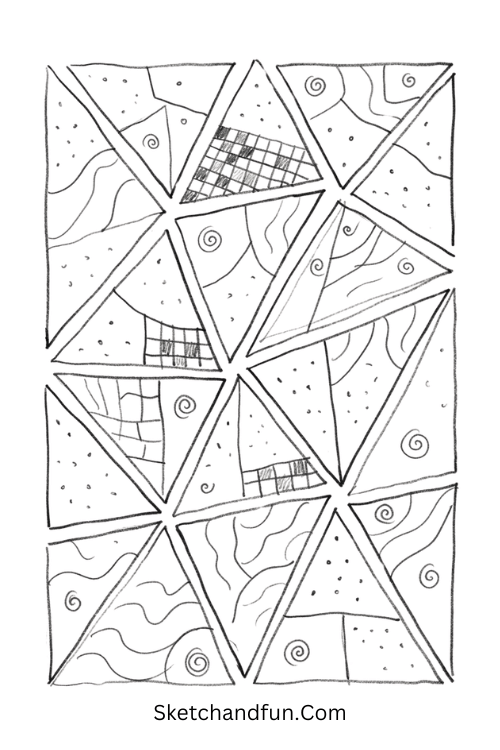 Zentangle triangle pattern with interlocking triangles filled with dots, zigzags, spirals, and curved lines
