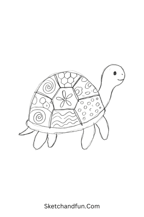 Zentangle turtle drawing with a patterned shell featuring spirals, honeycomb shapes, flowers, waves, and dots