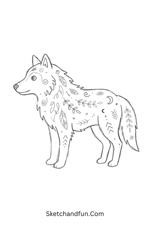Zentangle wolf drawing with flowing fur patterns, feathers, leaves, crescents, spirals, and geometric details