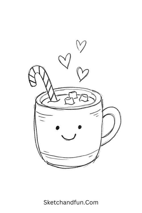 Cute December drawing of a smiling hot chocolate mug with marshmallows and a candy cane