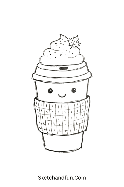 Cute pumpkin spice latte drawing with a smiling coffee cup, whipped cream, cinnamon sprinkles, and autumn leaves