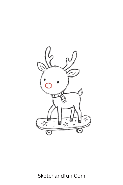 Cute reindeer riding a skateboard with a red nose and festive scarf