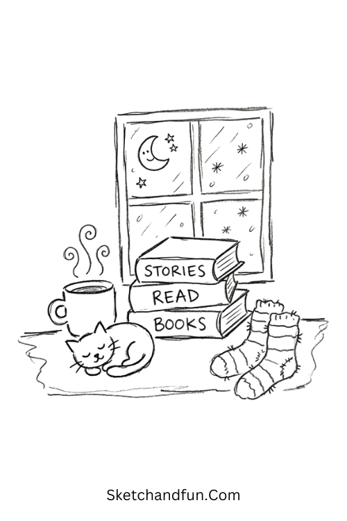 Cozy winter reading nook drawing with books, hot cocoa, and a sleeping cat