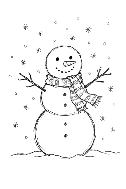 Cute snowman standing under falling snowflakes