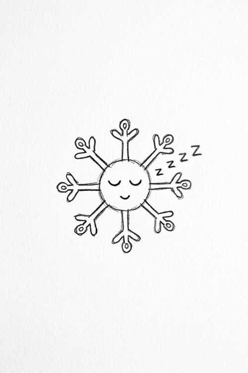 Sleeping snowflake doodle with closed eyes and tiny Zzz symbols