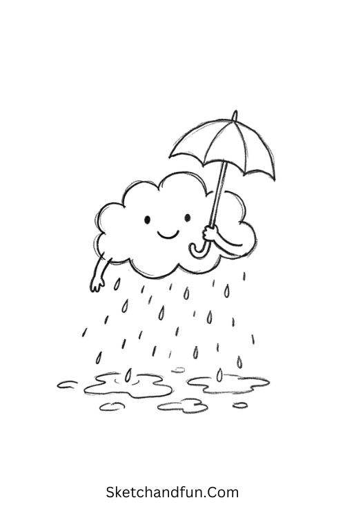 November rain cloud drawing with a cute smiling cloud holding an umbrella above tiny puddles
