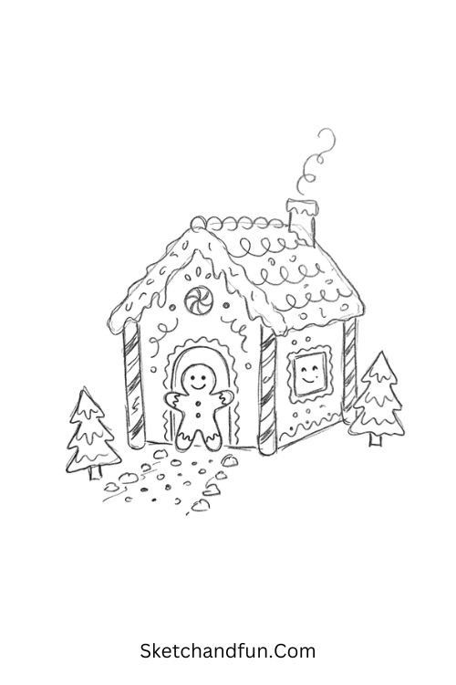 Gingerbread house drawing with candy cane pillars and frosting decorations