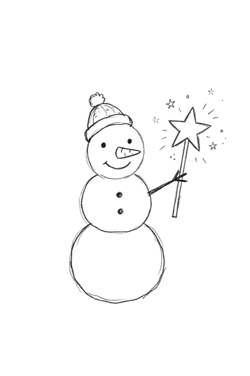 Magical snowman holding a star wand with sparkling stars