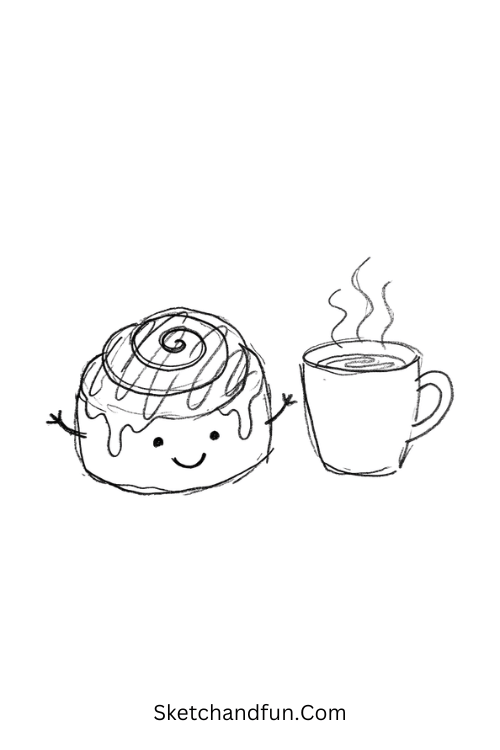 Kawaii cinnamon roll drawing with a smiling spiral pastry, icing drizzle, tiny arms, and a coffee cup