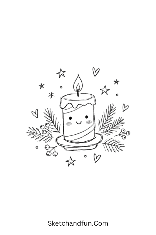 Cozy winter candle drawing with pine branches, berries, stars, and hearts