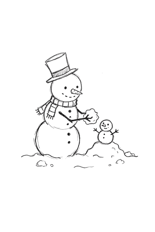 Cute snowman building a tiny snowman in the snow