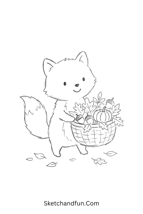 Little fox collecting leaves drawing with a fluffy fox carrying a basket of autumn leaves, acorns, and pumpkins
