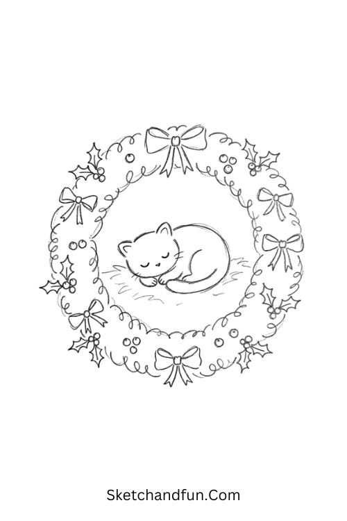 Christmas wreath with a sleeping cat, berries, leaves, and a bow
