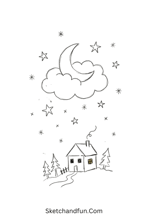 - December night sky drawing with a crescent moon, sleepy stars, and a snowy house