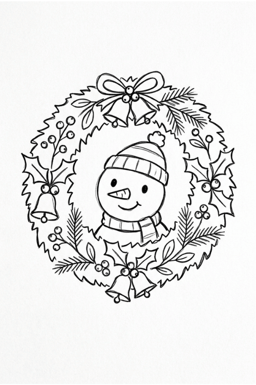 Adorable snowman peeking through a Christmas wreath
