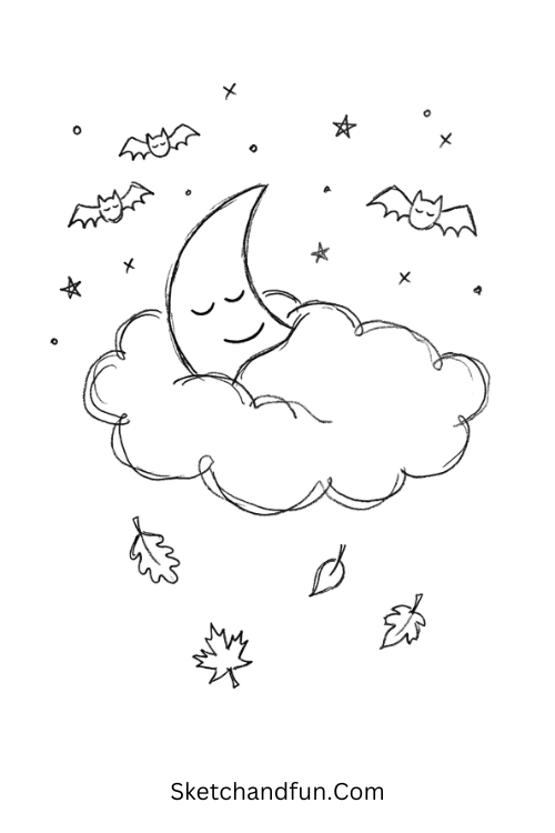 Sleepy moon November drawing with a crescent moon tucked into a cloud blanket, tiny stars, and bats