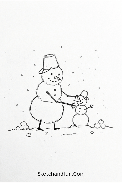 Cute snowman drawing building a tiny snowman with miniature snowballs