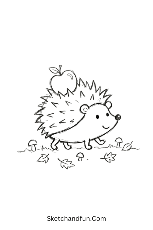 Cute hedgehog with an apple drawing surrounded by tiny mushrooms and colorful autumn leaves