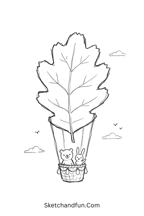 Falling leaf hot air balloon drawing with a giant autumn leaf balloon carrying two tiny animal friends