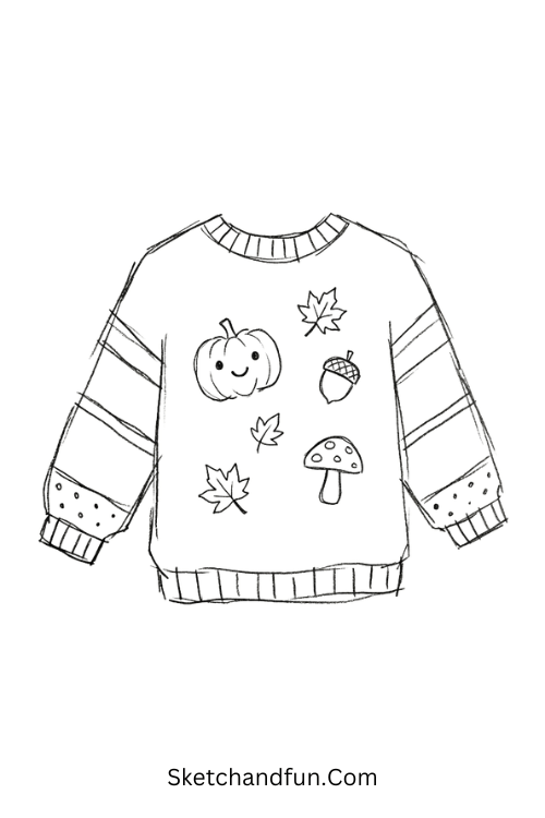 Tiny autumn sweater drawing decorated with smiling pumpkins, acorns, mushrooms, and falling leaves