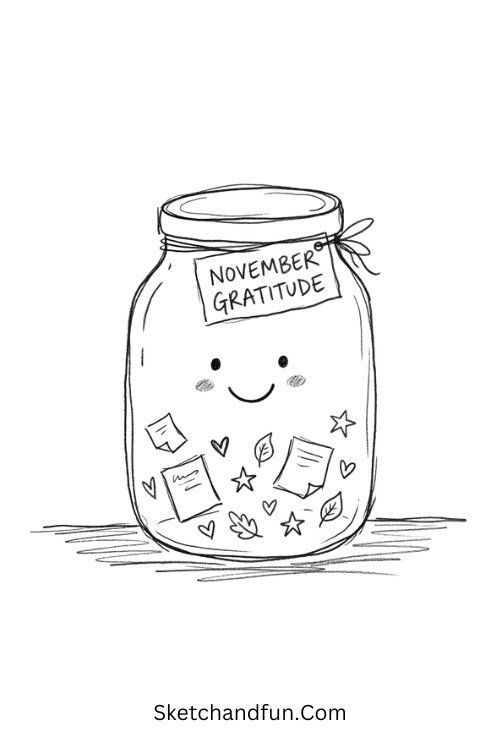 November gratitude jar drawing filled with tiny notes, hearts, stars, and miniature autumn leaves