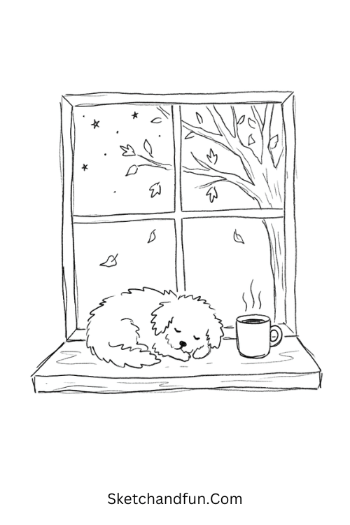 Cozy window with a sleeping puppy drawing featuring a warm mug, falling November leaves, and a starry sky