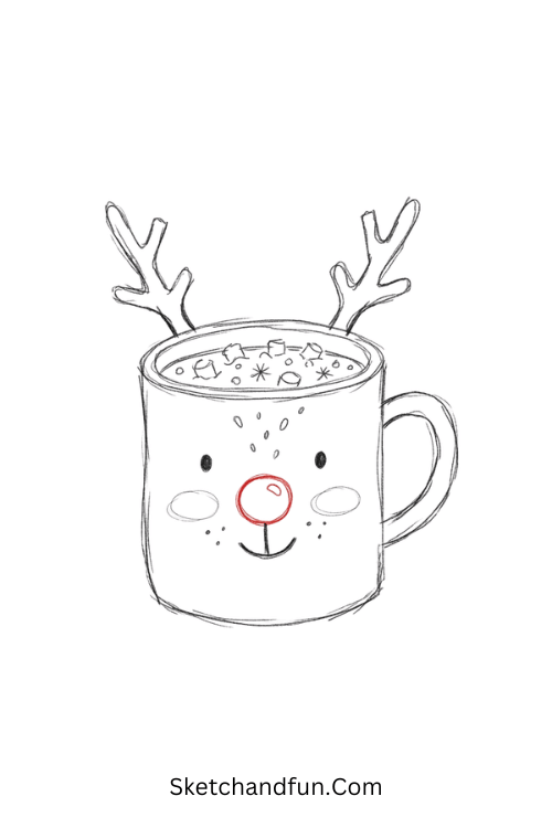 Hot cocoa mug with a reindeer face and marshmallows Christmas drawing