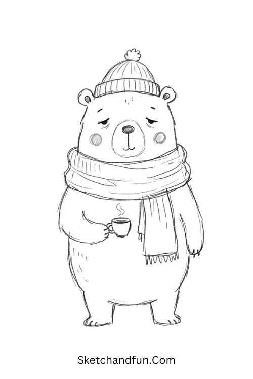 Sleepy winter bear drawing wearing a knitted beanie and cozy scarf