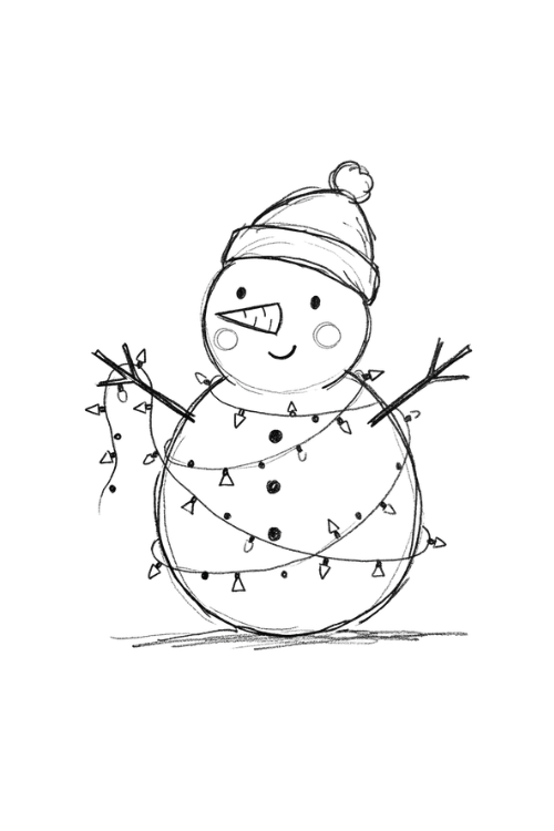 Cute snowman wrapped in colorful Christmas lights with rosy cheeks