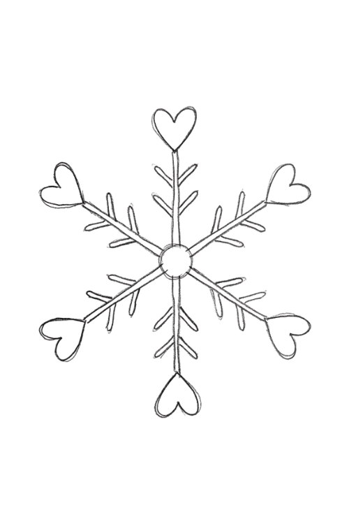 Heart-tipped snowflake drawing with tiny hearts on each branch