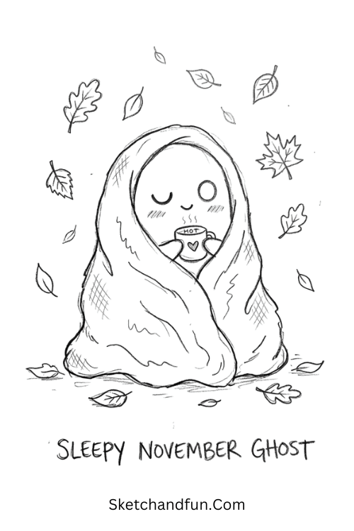 Sleepy November ghost drawing wrapped in a cozy blanket, holding a warm mug with falling autumn leaves