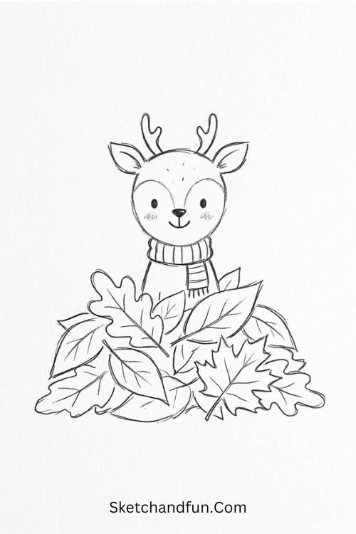 Baby deer in a leaf pile drawing with tiny antlers, rosy cheeks, a cozy scarf, and autumn leaves