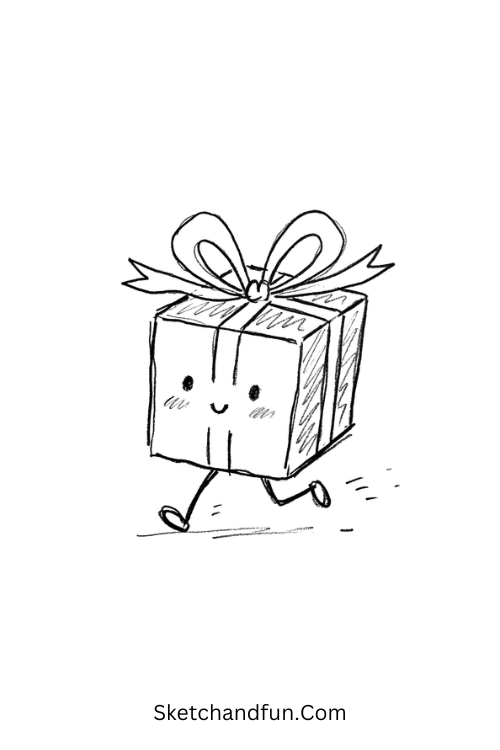 Cute Christmas present with tiny legs, a big ribbon, and a smiling face