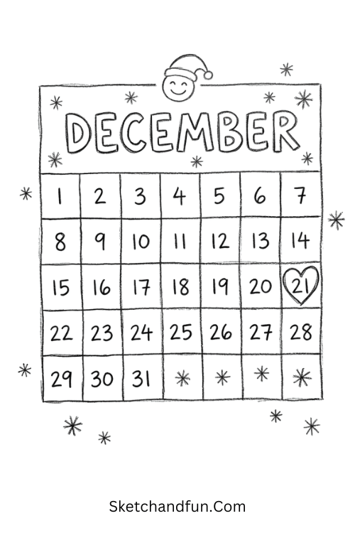 Cute December calendar drawing with a Santa hat, snowflakes, and a heart