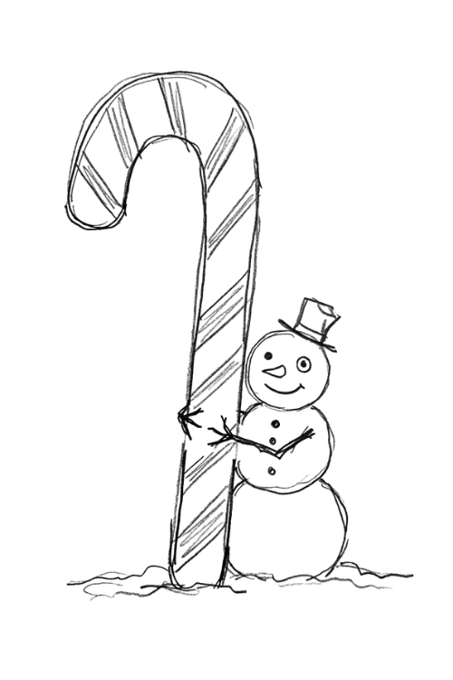 Cute snowman hugging a giant Christmas candy cane
