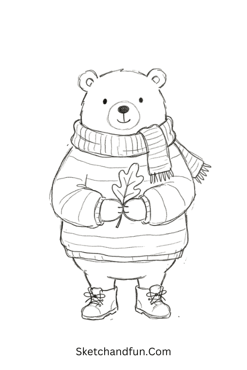 Cozy sweater weather bear drawing wearing a knitted scarf, oversized sweater, and tiny boots
