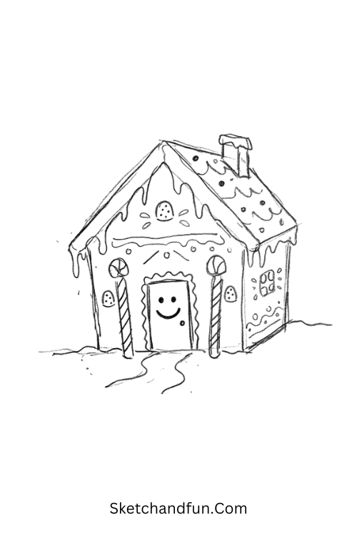 Gingerbread house with a smiling door, candy canes, and gumdrop windows