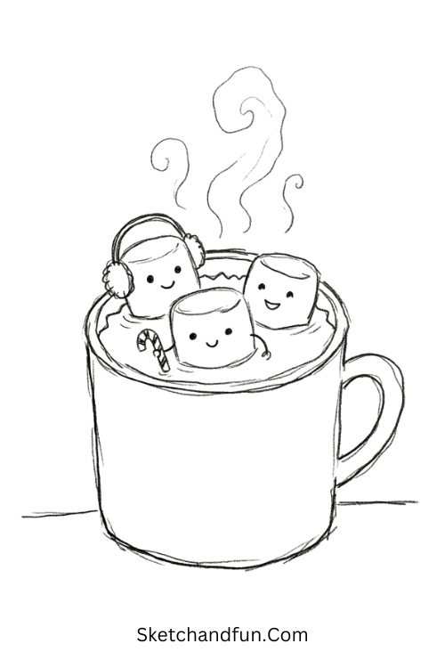 Hot cocoa drawing with three adorable marshmallow friends and a candy cane