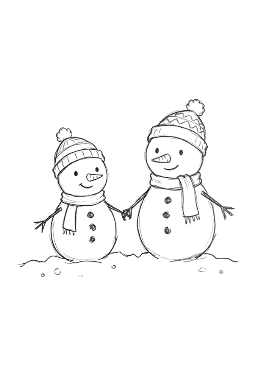 Kawaii snowman couple holding hands with matching winter hats
