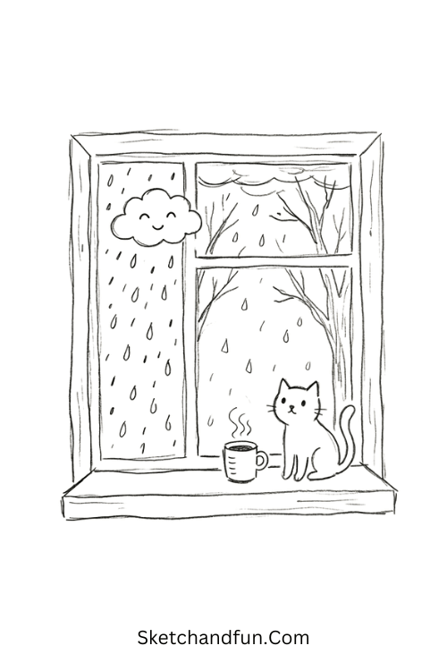 November rainy window drawing with raindrops, a smiling cloud, a warm mug, and a cat watching the rain