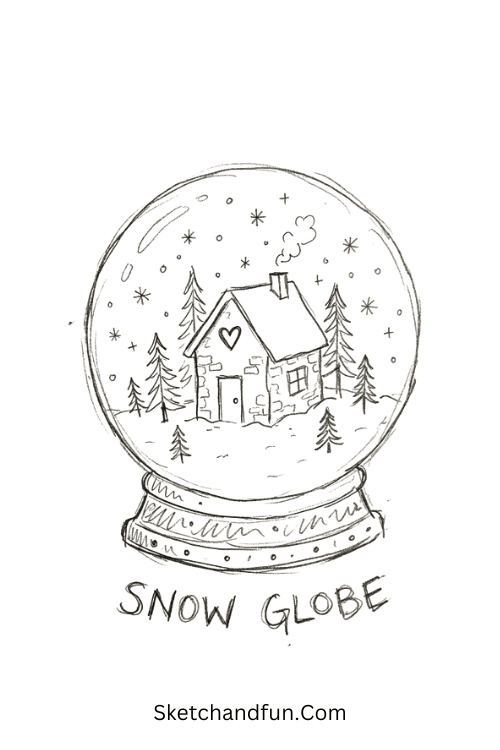 Snow globe drawing with a cozy cottage, pine trees, and falling snowflakes
