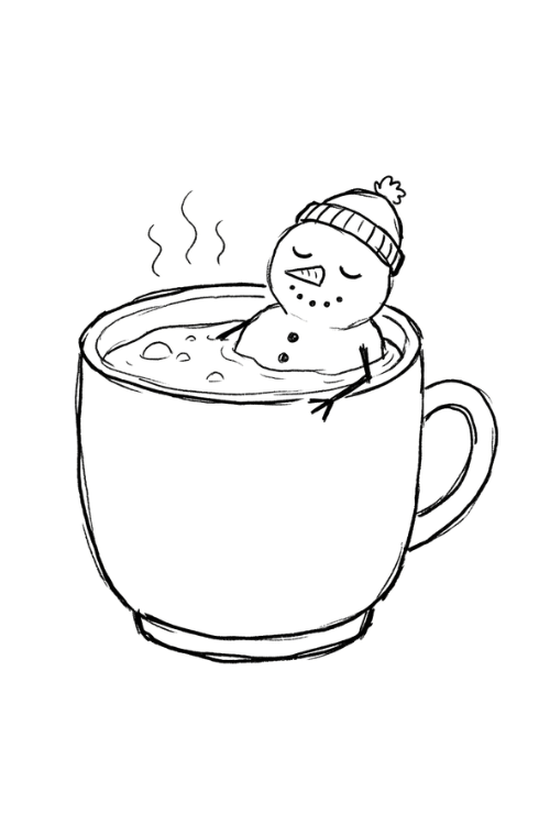Sleepy snowman relaxing inside a mug of hot cocoa