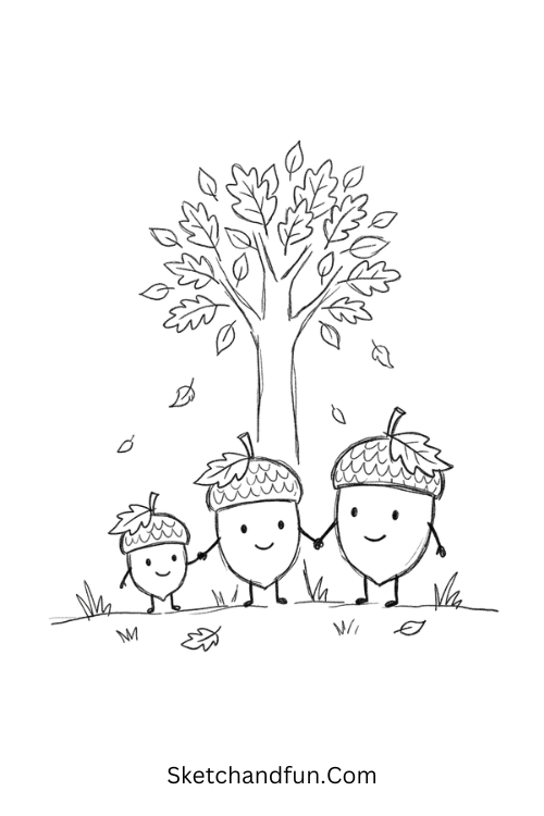 Happy acorn family drawing with three cute acorns wearing leaf hats and holding hands beneath an autumn tree