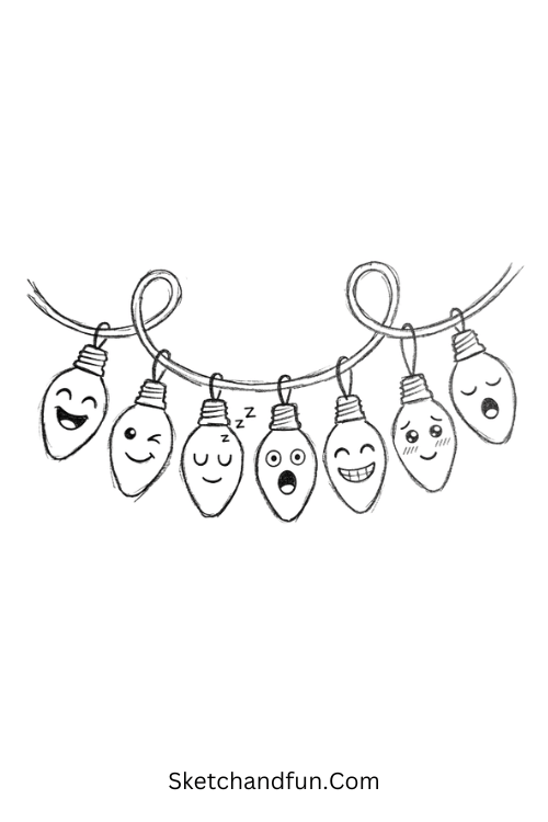 Cute Christmas lights with different smiling and sleepy faces doodle