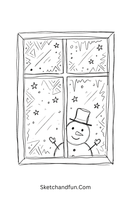Frosty winter window drawing with icy patterns and a smiling snowman