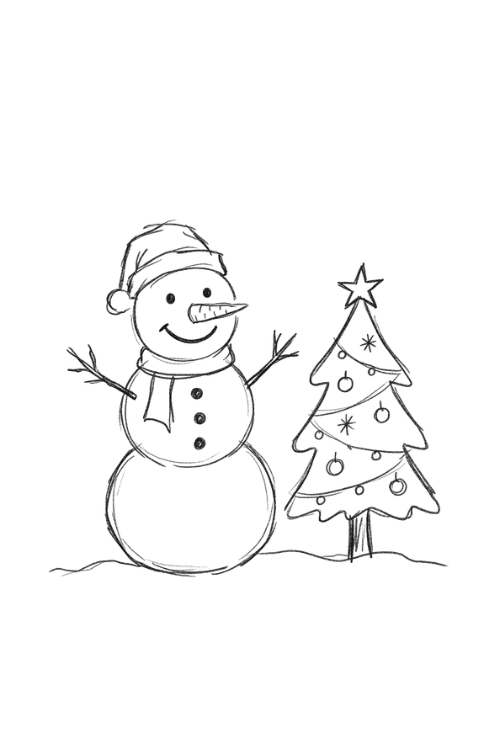 Happy snowman standing beside a decorated Christmas tree