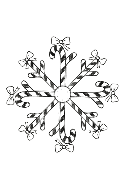 Candy cane snowflake drawing with striped branches and festive bows