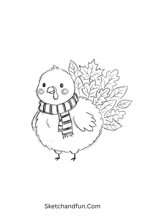 Little turkey drawing wearing a striped scarf with colorful autumn leaves as tail feathers