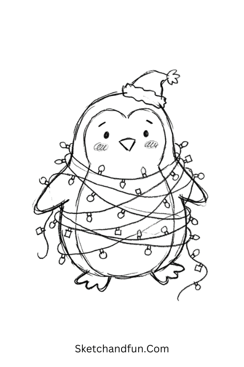 Penguin wrapped in Christmas lights wearing a Santa hat drawing