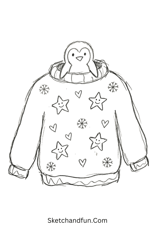 Cute December sweater drawing decorated with stars, hearts, snowflakes, and a penguin